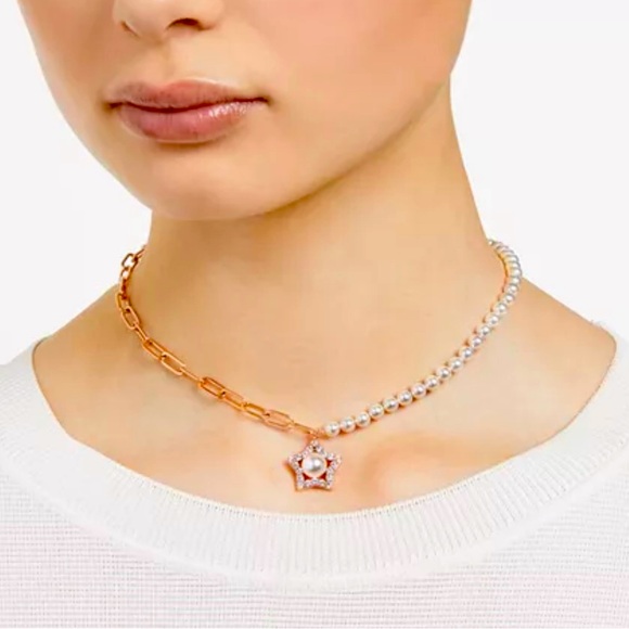 Swarovski Stella Star necklace rose gold and  pearls 14.8” choker style NWOT box - Picture 1 of 7